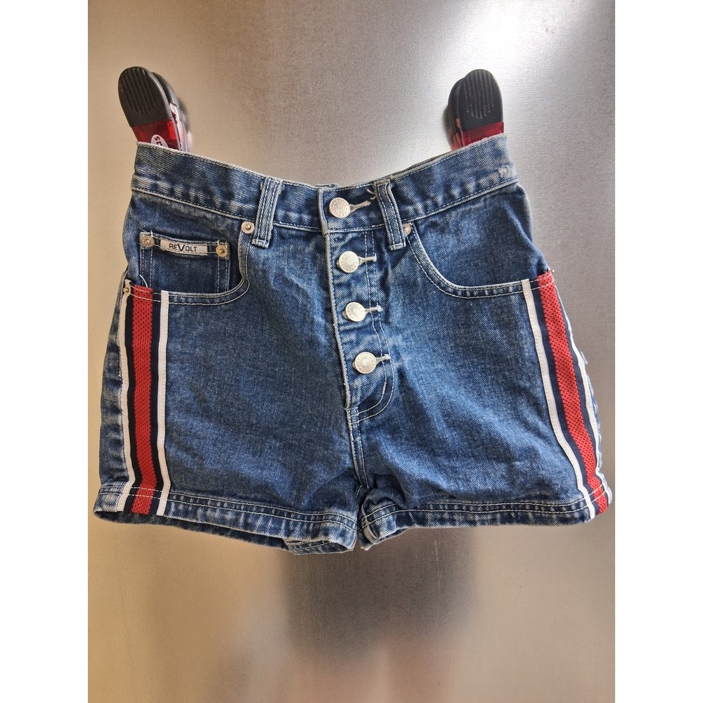 Revolt Denim Shorts Blue‎ High Waisted Button Fly Side Stripe Kids